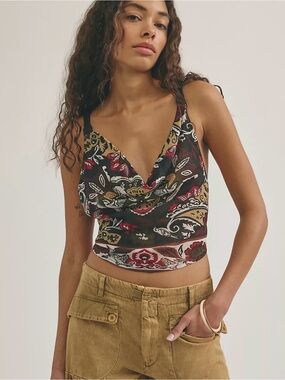 Free People Paisley Cowl-Neck Camisole in Black, Red & Cream